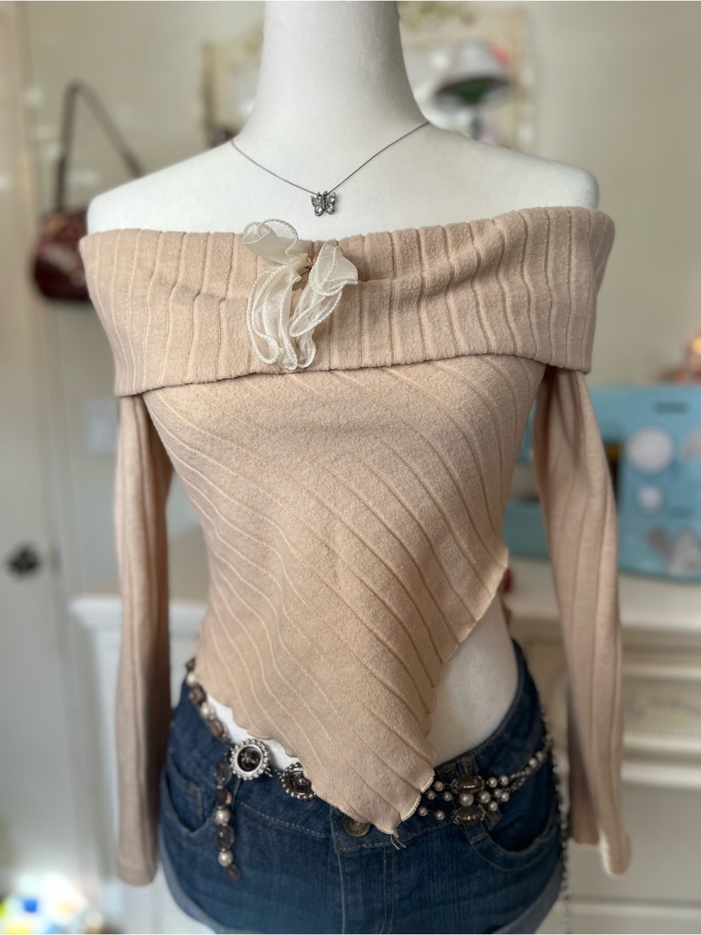 Y2k Off-Shoulder Pointelle Knit Sweater Top in Beige